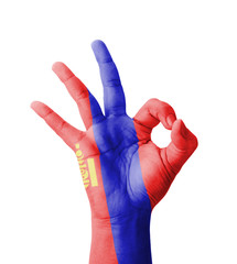 Hand making Ok sign, Mongolia flag painted