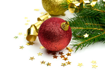 twigs of spruce, balls, confetti and ribbons