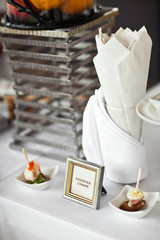 Luxury food and drinks on wedding table. Different sort of canap