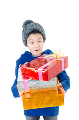 little asian cute boy with gift box ,surprise Face
