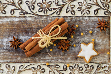 Spices, ginger and anise stars with cinnamon sticks