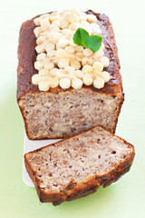 Banana bread with walnuts, selective focus