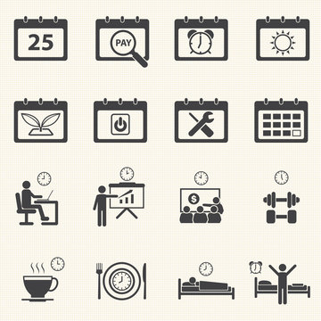 Business Time and Calendar icons set with texture background. 