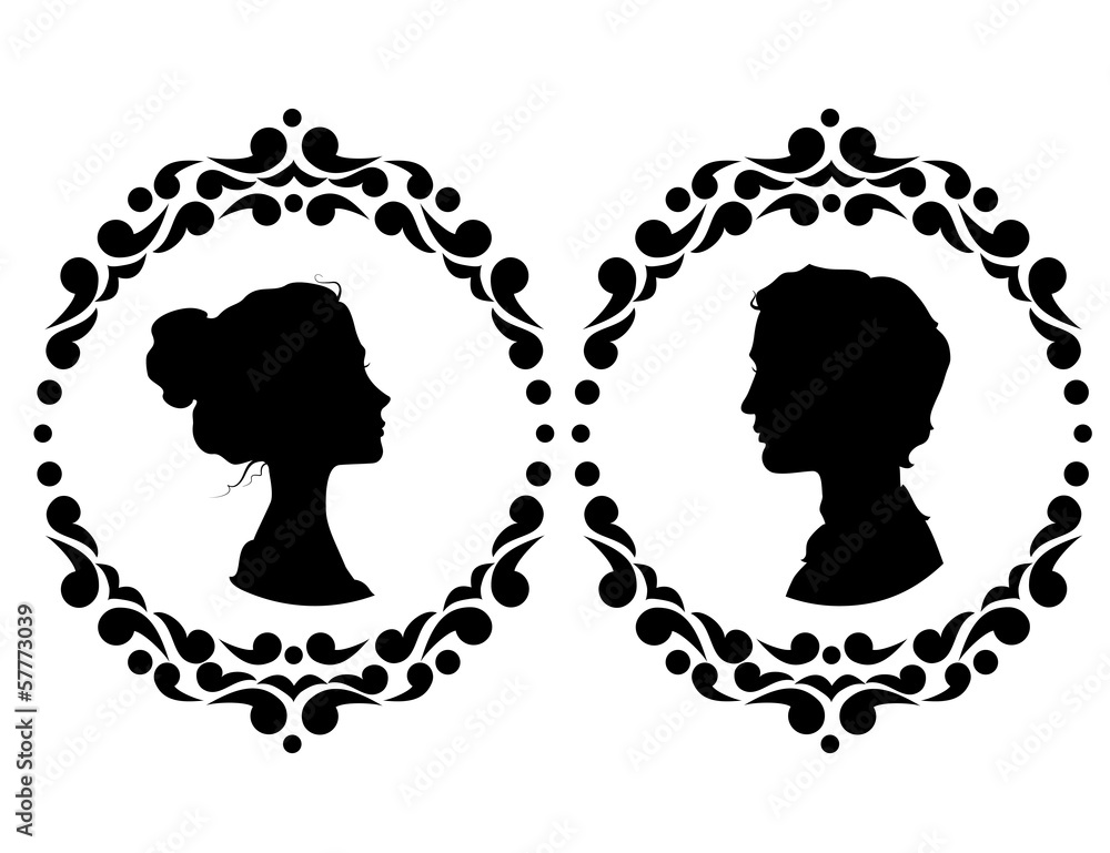 Wall mural profiles of man and woman in ornate frame