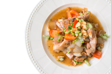 Chicken pan fried with onions, isolated
