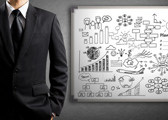 Business man standing in front of white board