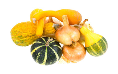 Gourds and onions on a white background