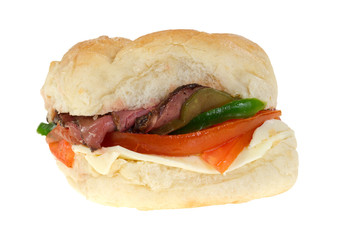 Roast beef with veggies and cheese on bulky roll