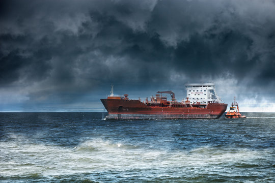 Ship at sea during a storm.