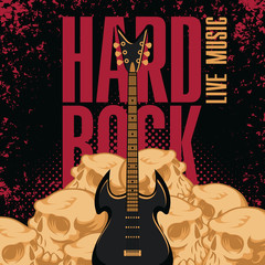 banner with electric guitar, human skulls and words hard rock