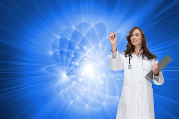 Composite image of smiling doctor pointing