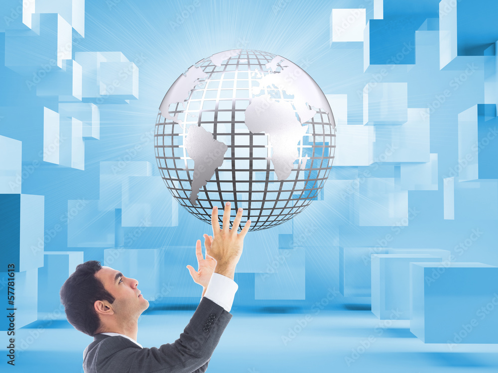 Aufkleber composite image of unsmiling businessman with arms raised