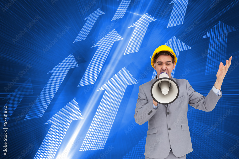 Poster Composite image of architect with hard hat shouting with a megap