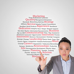 Composite image of unsmiling asian businesswoman pointing
