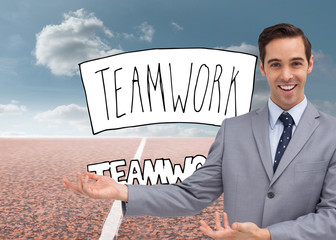 Composite image of young businessman presenting something