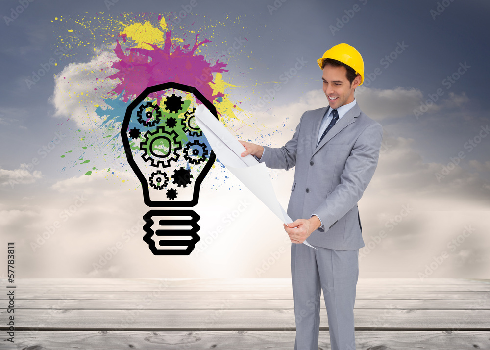 Poster Composite image of smiling architect with hard hat looking at pl