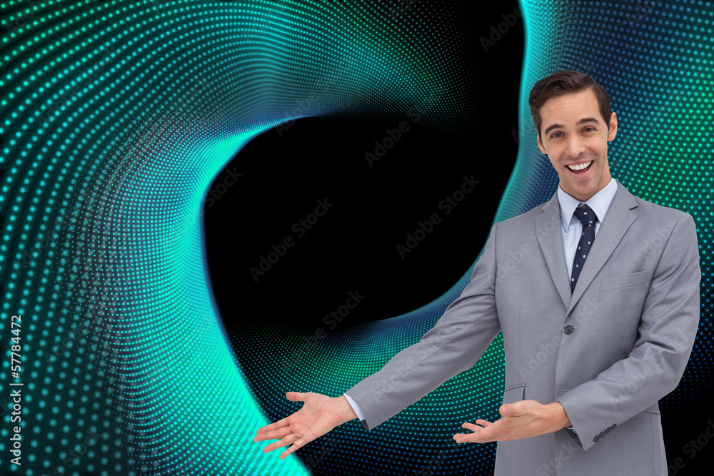 Poster composite image of happy businessman giving a presentation with