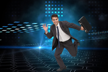 Composite image of cheerful businessman in a hury