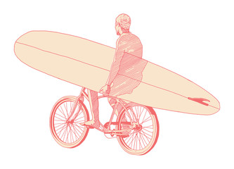 man carrying surf board ride bicycle - obrazy, fototapety, plakaty