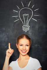 concept idea. woman and light bulb drawn in chalk on blackboard