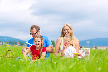 Fototapeta premium Glückliche Familie sitzt auf Wiese im Sommer