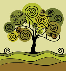 Green tree with curls. Garden.