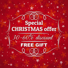 red  christmas background and  label with sale offer, vector