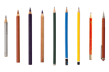 collection of different old used pencils, isolated on white
