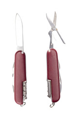 two use red pocket knifes, with different tools, isolated on whi