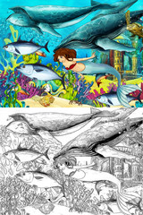 Fototapeta na wymiar The ocean and the mermaids - coloring page