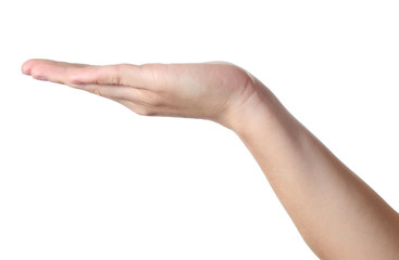 Hand holds nothing, with blank place, isolated on white backgrou
