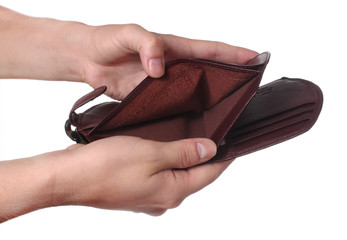 Hands holding an empty wallet, isolated on white background