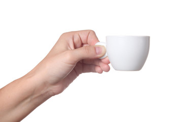 Hand holding a cup of coffee, isolated on white background