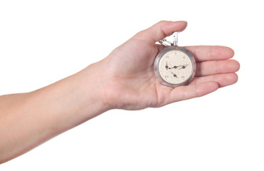 Girl holding a stopwatch (pedometer), isolated on white