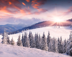 Fototapeta na wymiar Colorful winter sunrise in the mountains
