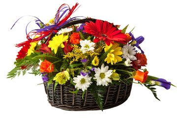 Beautiful bouquet of colorful spring flower in a basket.
