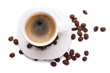 Cup of coffee with coffee beans, isolated on white