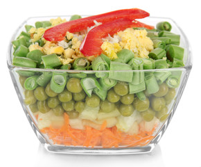 Tasty salad with fresh vegetables, isolated on white