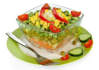 Tasty salad with fresh vegetables, isolated on white