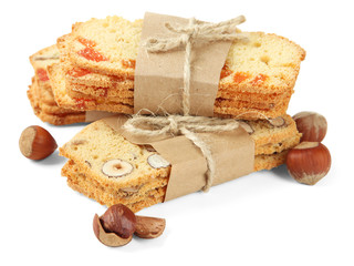 Biscotti with  nuts and candied fruits, isolated on white