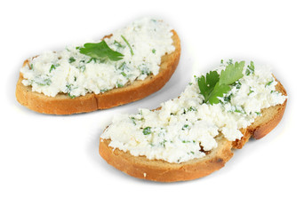 Sandwiches with cottage cheese and greens isolated on white