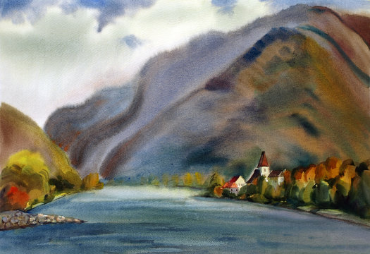 Austrian landscape painted by watercolor