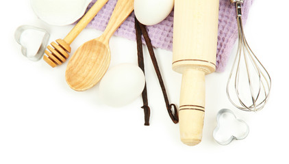 Cooking concept. Basic baking ingredients and kitchen tools