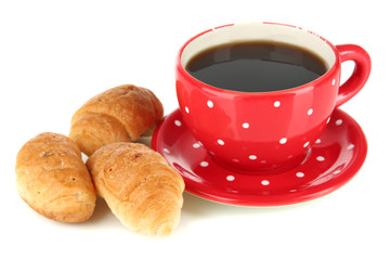 Tasty croissants and cup of coffee isolated on white