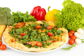 Tasty vegetarian pizza and vegetables, isolated on white