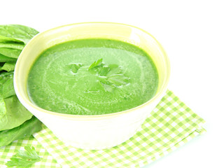 Tasty spinach soup, isolated on white