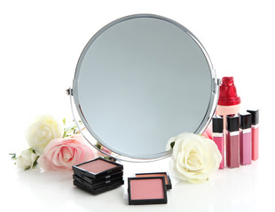 Group decorative cosmetics for makeup and mirror, isolated