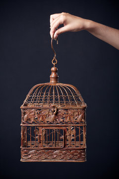 vintage birdcage in female hand isolated on dark background
