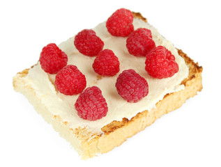 Delicious toast with raspberries isolated on white