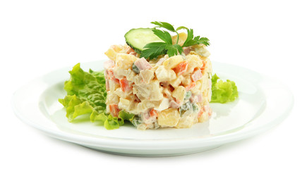 Russian traditional salad Olivier, isolated on white